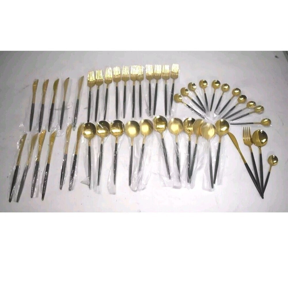 24 Piece Stainless Steel Cutlery Set Gold & Black Heavy Silverware Utensil Set